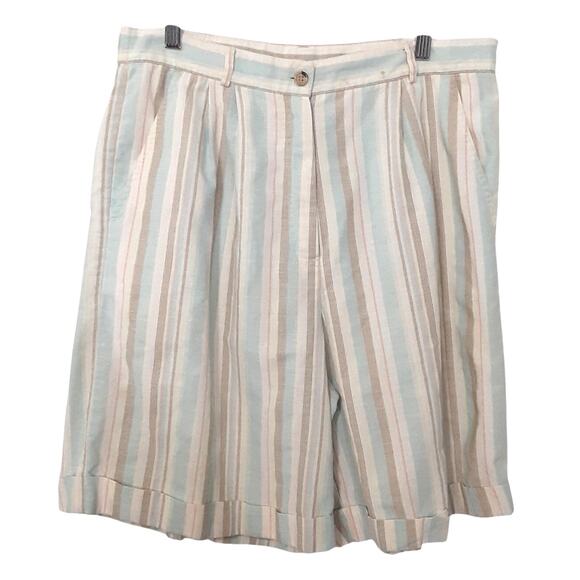Vintage 80s Linen Blend Board Short Pastel Stripe Bermuda Shorts Beach Resort - Picture 1 of 12